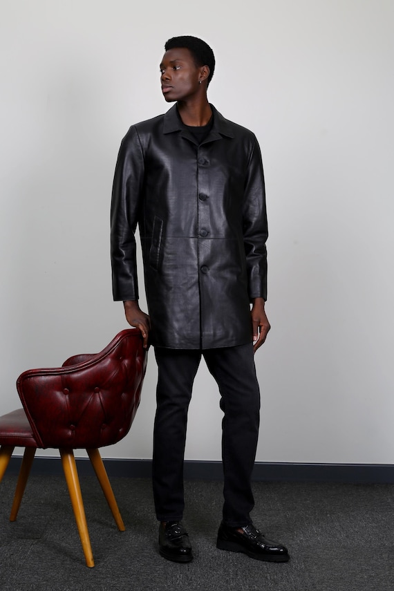 Handmade Men's Lambskin Leather Trench Coat, Spring Winter Fall Jacket,  perfect gift, Black