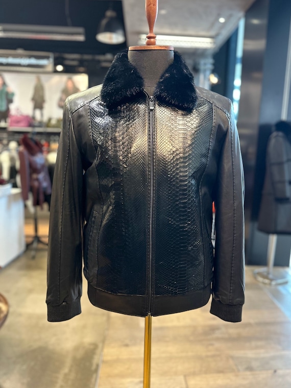 Men's Handmade Lambskin Leather & Python Jacket: Mink Fur Collar