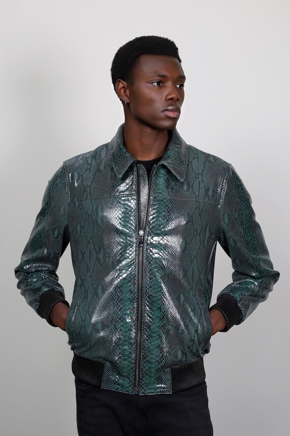 Handmade Men's Lamb Skin Leather Jacket With Snake Print, Spring - Main Image