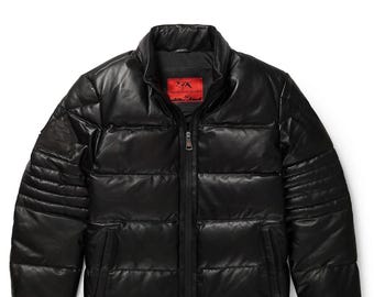 Handmade Original Goose Country Men&#39;s Lamb Skin Leather & Goose Down Jacket, Winter Coat, perfect gift, Black