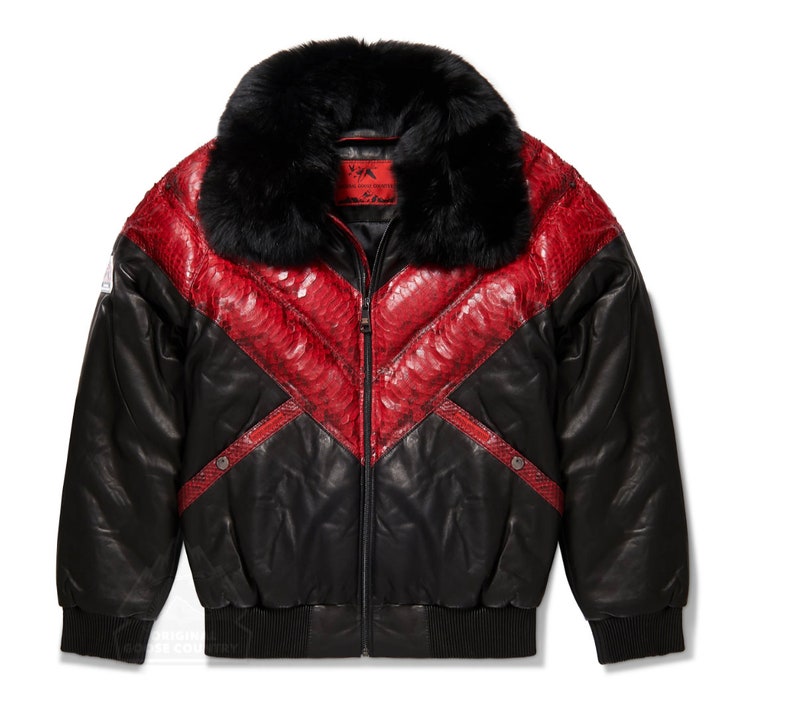 Men's V-bomber Lamb Skin Leather & Red Python Skin, Goose Down Jacket ...