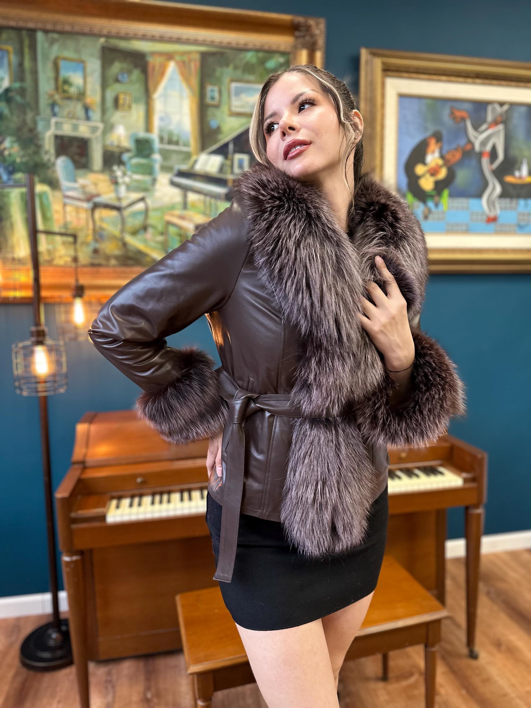 Handmade Women's High Quality Genuine Lambskin Brown Jacket With Real Fox Fur, winter coat, luxury leather, perfect gift