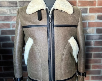 Handmade Men's Brown Sheepskin Shearling Jacket - Medium Size