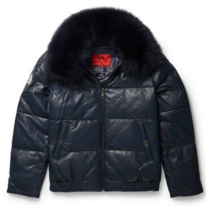 Original Goose Country Veste homme en cuir d'agneau bleu marine avec col en fourrure de renard