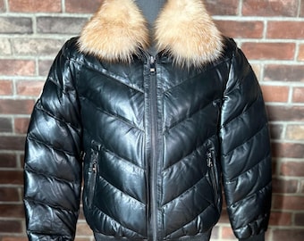 Original Goose Country Men&#39;s V-Bubble Lamb Skin Leather & Goose Down Jacket With Real Full Skin Fox Fur Collar, Winter Coat, perfect gift