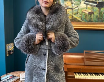 Handmade Sheepskin Shearling Coat with Fox Fur Collar & Cuffs