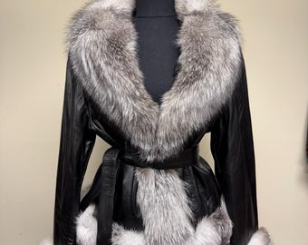 Handmade Women's High Quality Genuine Black Lambskin Leather Jacket With Silver Fox Fur, winter coat, plus size, luxury, perfect gift