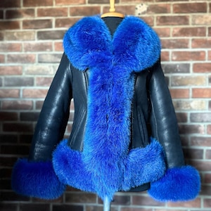 Handmade Women's High Quality Genuine Sheepskin Shearling Black - Blue Coat With Crystal Fox Fur, winter coat, luxury leather, perfect gift