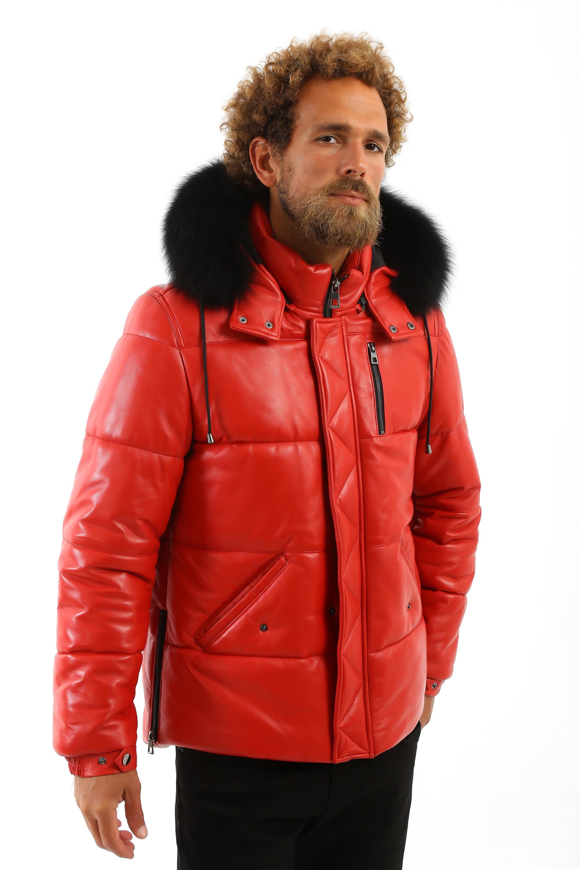 Handmade Men's Red Lambskin Leather Down Jacket With Fox Fur Hood