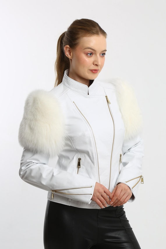 Chaqueta de piel de cordero auténtica blanca para mujer hecha a