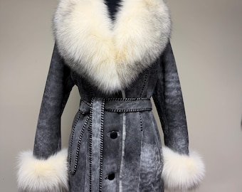 Handmade Women's Sheepskin Shearling Coat with Fox Fur Collar & Cuffs