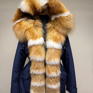 Handmade Women's Navy Parka with Genuine Fox Fur Trim