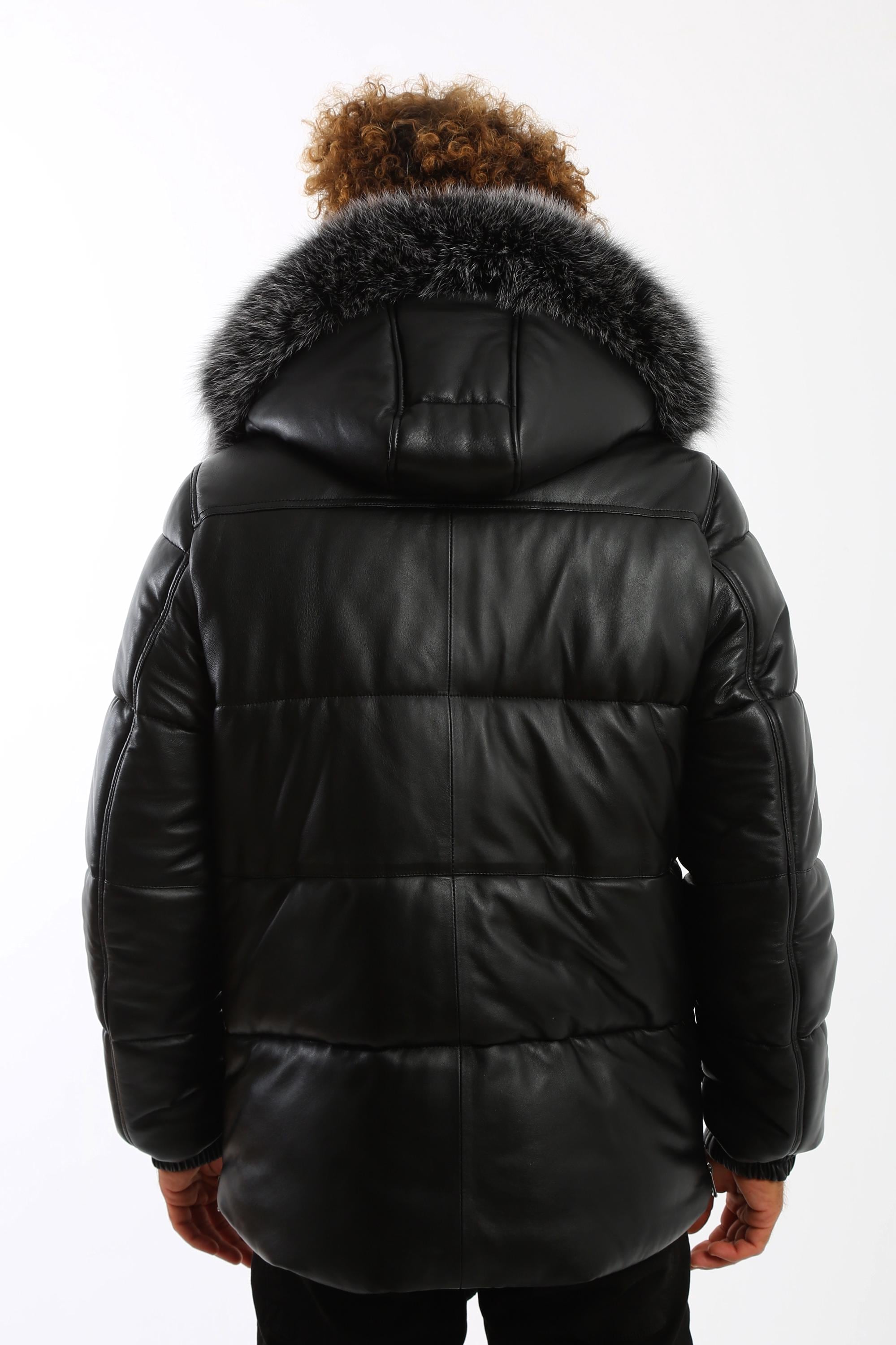 フォックスファーフード付きハンドメイドメンズブラックラムスキン