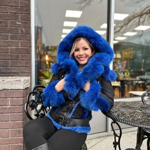 Handmade Women's High Quality Genuine Sheepskin Shearling Coat With Hood - Black - Blue Coat With Fox Fur, winter coat, luxury leather