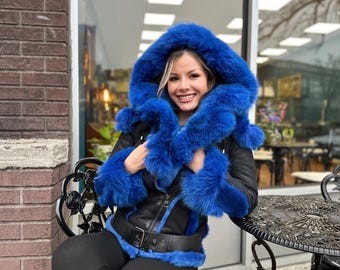 Handmade Women's Sheepskin Shearling Coat with Blue Fox Fur Hood