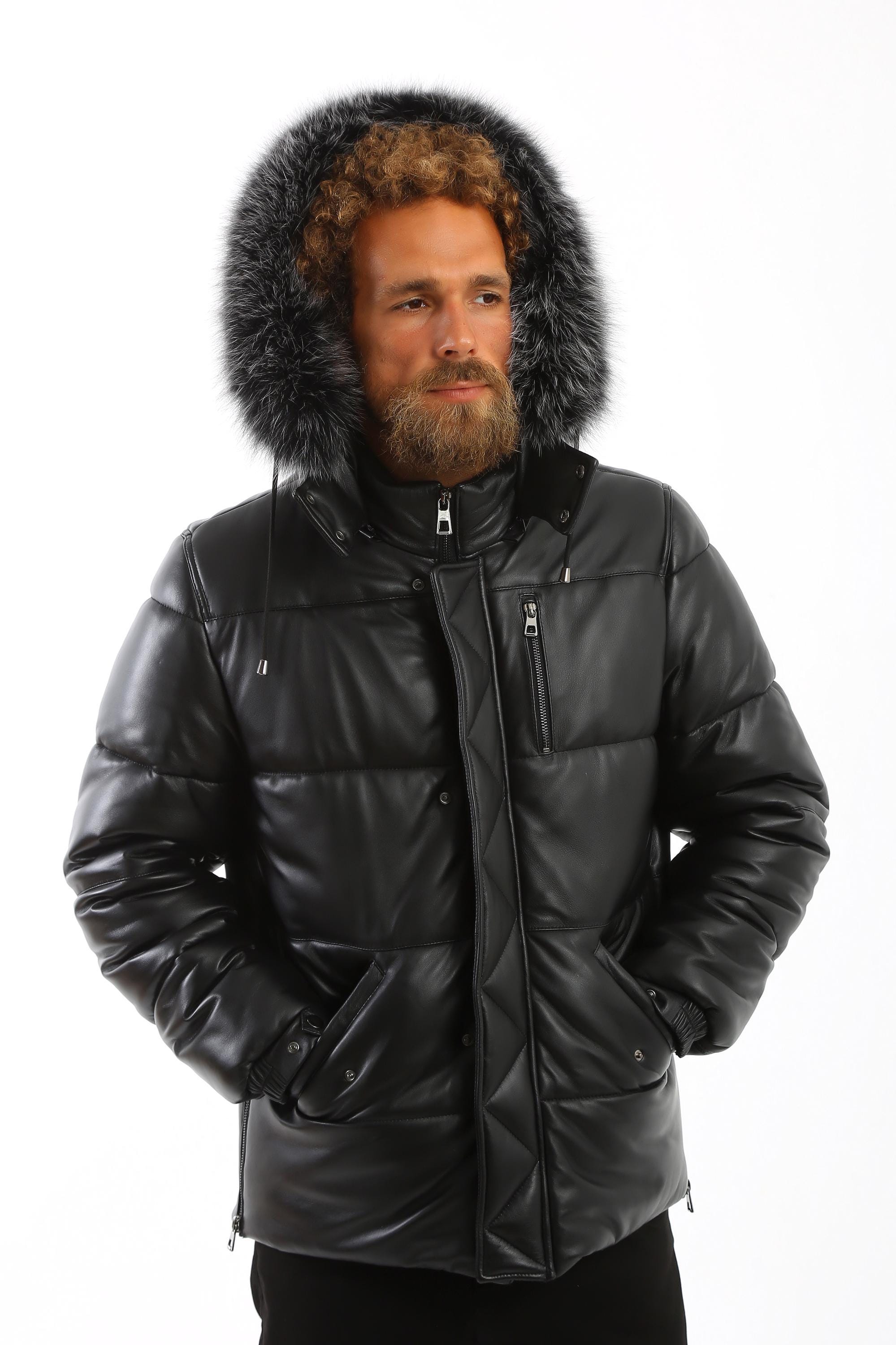 フォックスファーフード付きハンドメイドメンズブラックラムスキン