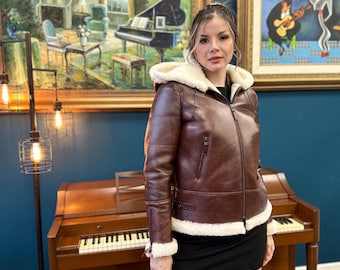Handmade Women's Shearling Sheepskin Coat with Hood - Women's Winter Jacket, Wool Lining