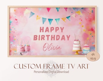 Happy Birthday Frame TV Art Download, Personalized Girl Birthday Party Decoration, Canvas TV Birthday Art, Birthday Cake Pink TV Art