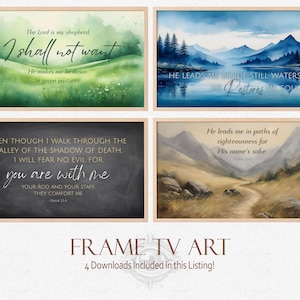 May include: Four watercolor and chalkboard style digital art prints with inspirational Bible verses. The prints feature scenic landscapes with mountains, water, and paths. The verses are from Psalm 23 and Psalm 23:4.