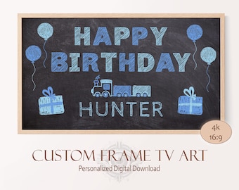 Frame TV Birthday Name Chalkboard Sign, Train Birthday Banner for Toddler Boy, Blue Happy Birthday Party Décor, Choo Choo Train Birthday