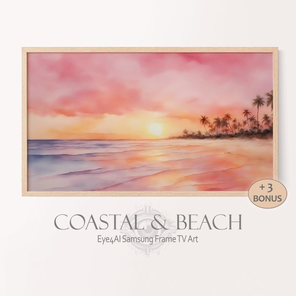 Tropical Paradise Frame TV Art Wallpaper Original Canvas Artwork Pink Sunset Beach for Samsung Frame Smart TV Décor Summer Watercolor Paint