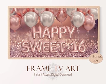 Happy Sweet 16 Birthday TV Art, Pink Balloon Letter TV Art, Frame TV Birthday Hosting Banner for Teen Girl Birthday, 16th Birthday Balloons