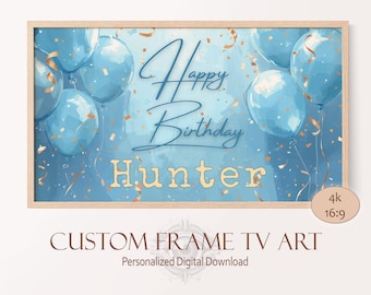 Frame TV Happy Birthday Art Custom Name for Boy Birthday Party Decoration, Blue and Gold Balloon Digital Background, Canvas TV Birthday PNG