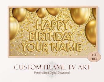 Samsung Frame TV Custom Happy Birthday Poster Gold Balloon Letters Birthday Party Decoration with Your Name, Birthday Banner TV Screensaver