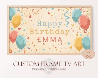 Happy Birthday Kids Frame TV Art Personalized with Your Name Birthday Pastel Balloon Party Decoration, Surprise Birthday PNG Download
