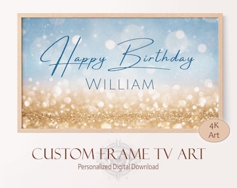 Samsung Frame Birthday Card TV Art with Custom Name, Blue and Gold Glitter Frame TV Happy Birthday Sign Download, Boy Birthday Party Decor