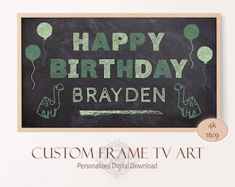 Frame TV Art Happy Birthday Name Sign, Chalkboard Dino Birthday Party Decor for Boy, Kids Custom Birthday Name Banner Dinosaur Bday Theme