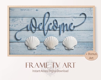 Beach House Welcome Sign Instant Download, Frame TV Beach Vibes Welcome for Airbnb Seaside Hosting Décor, Blue Coastal Cowgirl Aesthetic