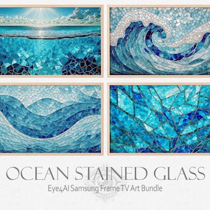 May include: Four framed stained glass panels depicting ocean waves in various shades of blue. The top left panel shows a sunlit ocean surface with waves breaking below the surface. The top right panel shows a large wave breaking. The bottom left panel shows a series of smaller waves. The bottom right panel shows a close-up of the wave pattern.  "Ocean Stained Glass" and "Eye4AI Samsung Frame TV Art Bundle" are printed below the panels.