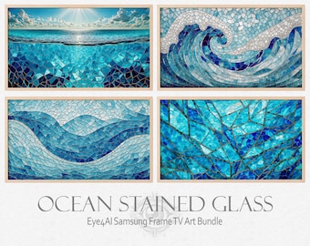 Original Frame TV Art Stained Glass Mosaic Abstract Seascape Background of Blue Ocean Waves for Samsung Smart TV Modern Art Digital Gift