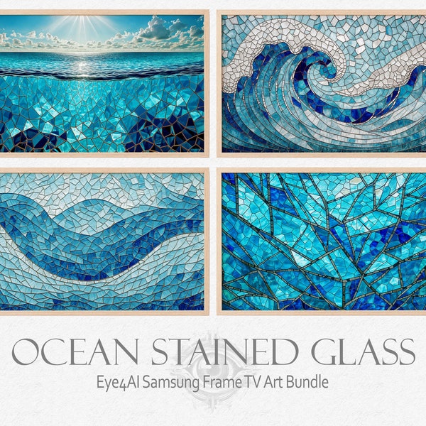 Original Frame TV Art Stained Glass Mosaic Abstract Seascape Background of Blue Ocean Waves for Samsung Smart TV Modern Art Digital Gift