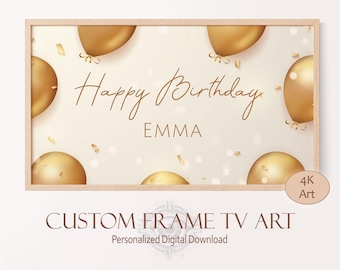 Frame TV Birthday Card Custom Background, Gold Happy Birthday Banner with Balloons, Downloadable Modern TV Art for Kids Birthday Party Sign