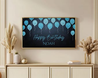 Custom Blue Birthday Greeting for Frame TV Wall Art Personalized Happy Birthday Banner Monogrammed Print for Kids Party Custom Backdrop