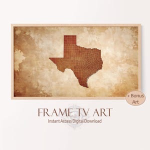Descarga de arte para TV con marco de mapa de Texas, obra de arte rústica de vaquero del oeste para TV, decoración country western, fondo de TV con marco de Texas, arte digital de pared de Texas