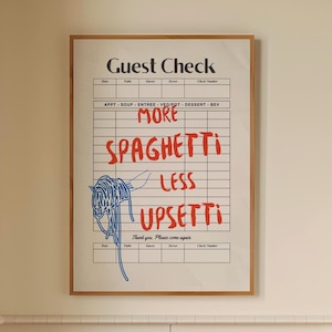 More Spaghetti Less Upsetti Retro Kitchen Print, Funny Food Guest Check Poster, Aesthetic Kitchen Decor, Trendy Wall Art, Digital Download