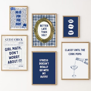 Trendy Blue Gallery Wall Bundle, Guest Check Prints & Funny Girly Quotes, Maximalist Navy Blue Aesthetic Poster Set, Preppy Bar Cart Decor