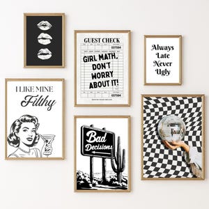 Trendy Black and White Wall Art Set, Retro Guest Check Feminine Printable Gallery Wall, Funny Bar Cart Art, Funky Disco Ball Poster