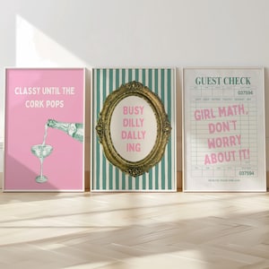 Preppy Gallery Wall Art Set of 3, Pink & Sage Green Trendy Guest Check Bar Cart Poster, Girly Decor for Dorm Apartment, Digital Download