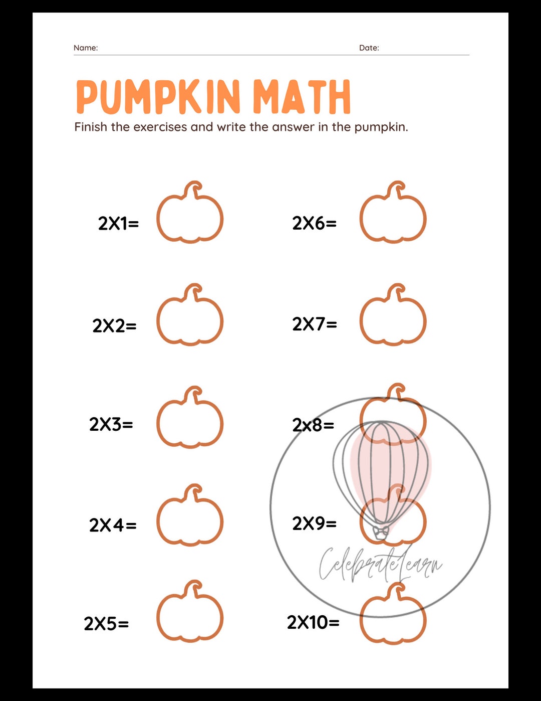Pumpkin Multiplication Worksheet 2-10 Fall Halloween Fall - Etsy