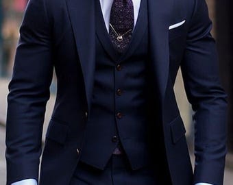 Men's Navy Blue 3-Piece Suit: Groom And Groomsmen Attire Bespoke Suits