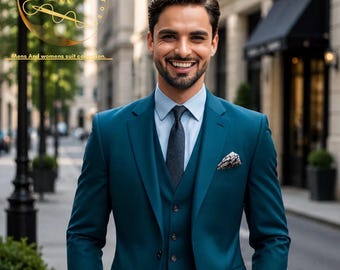 Traje de tres piezas azul marino para hombre con chaleco marrón: elegante traje de novio de corte ajustado.