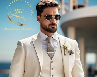 Herren Beige Leinen 3-teiliger Anzug: Ethnische Hochzeit Bräutigam Tragen Anzüge Slim-Fit Herren Anzüge