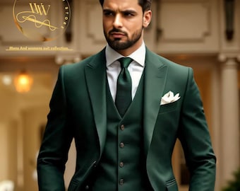 Costume homme 3 pièces vert fabriqué à la main, tenue de marié