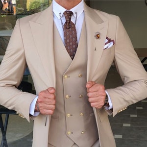 Suits for men&#39;s, beige 3 piece suits,groom suits, groomsmen suits, men&#39;s Elegant wedding wear suit