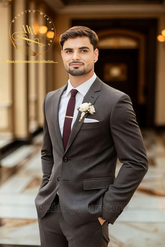 gold dress grey suit Men's Brown Two Piece Suit: Stylish Groom & Groomsmen Attire Party Wear Suits DS Minis Push 18.8.36