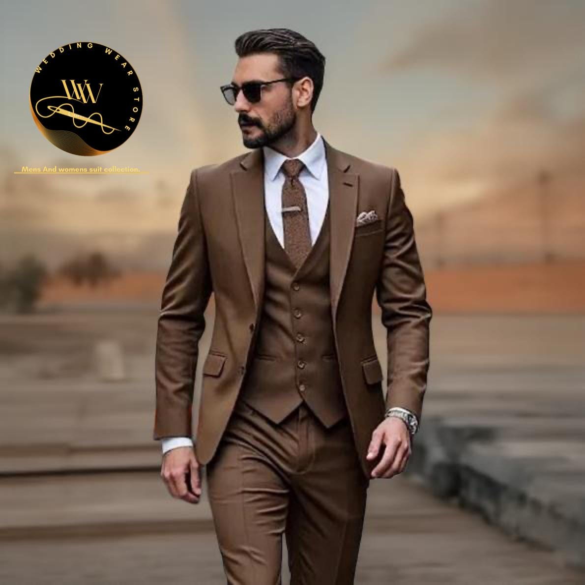 メンズブラウン3ピーススーツ：高級な新郎と新郎の付添い人の衣装